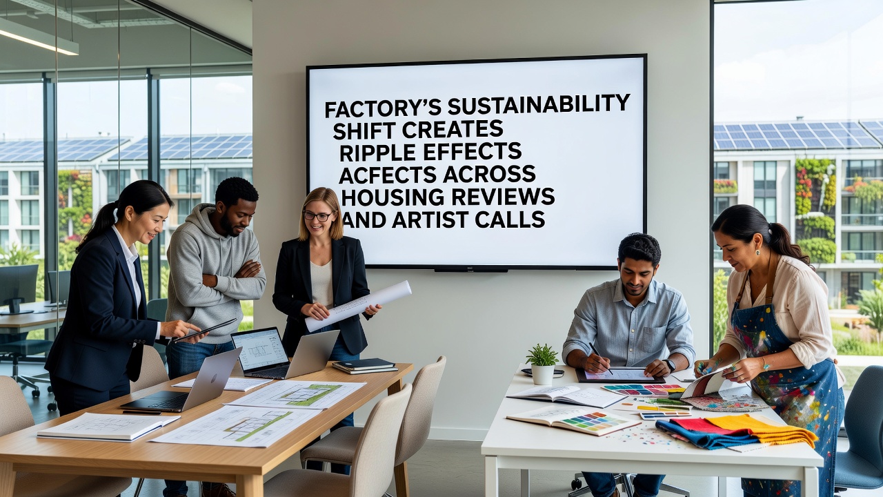 Artists collaborating on an outdoor installation project near updated manufacturing grounds